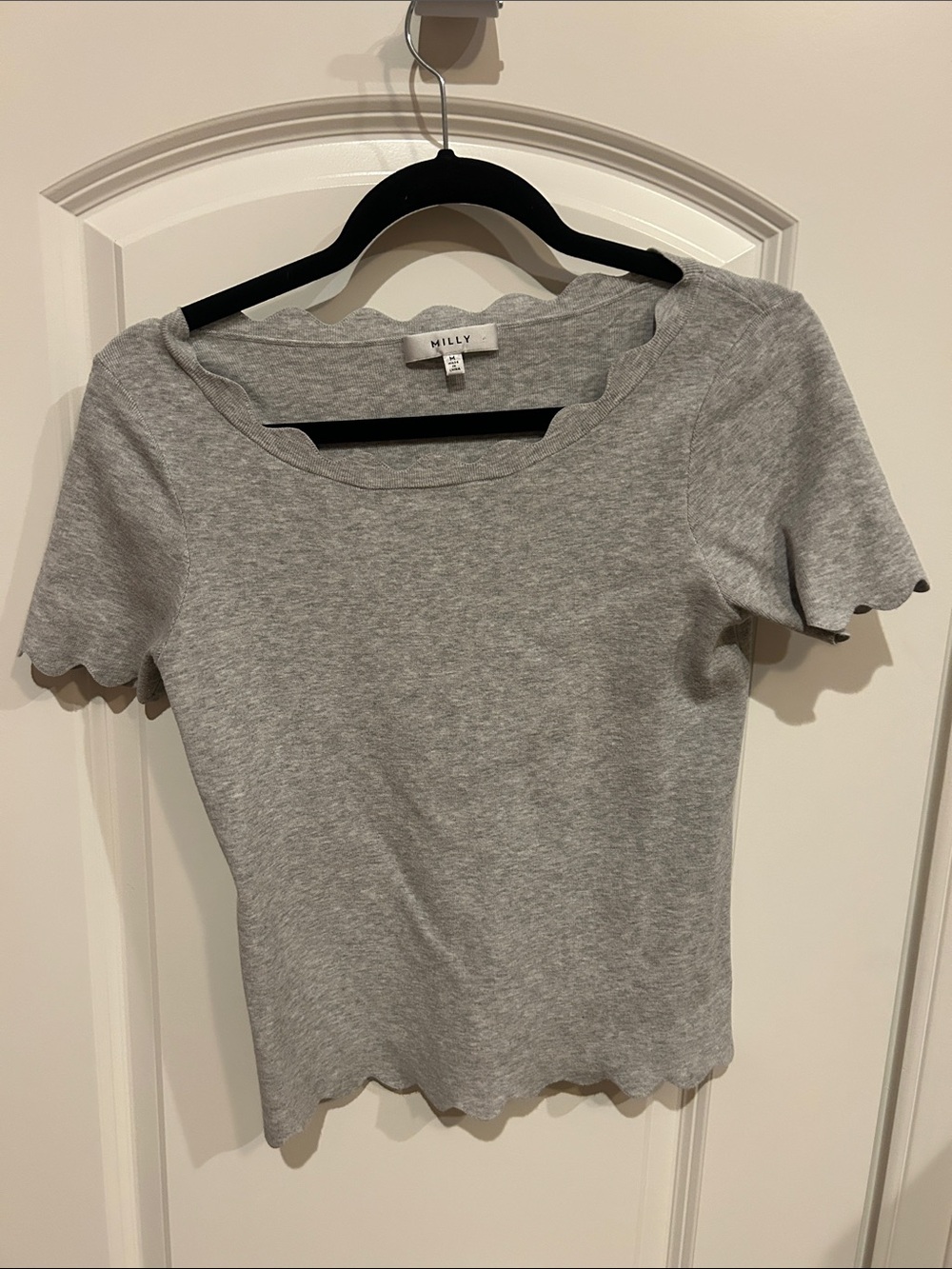 Milly Light Gray Short Sleeve Ribbed Square Neck Top